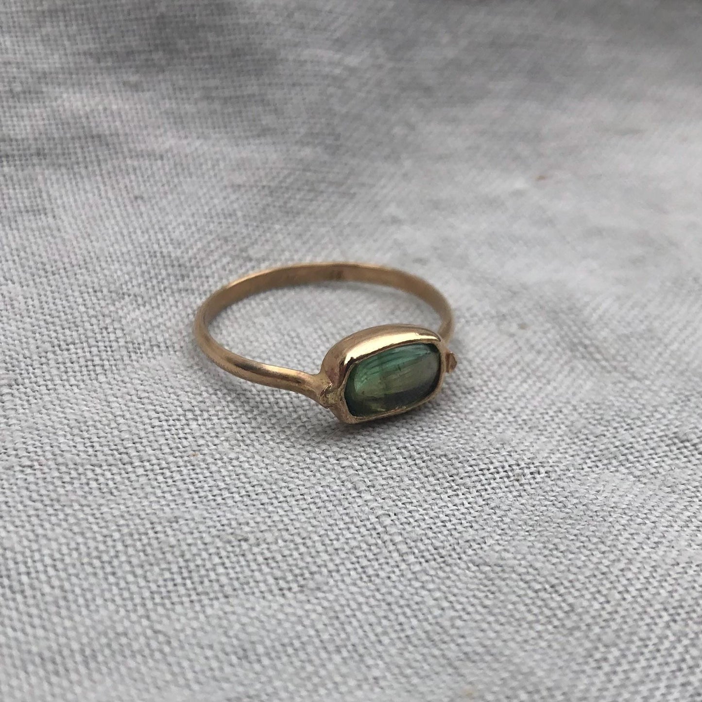 Solid gold green tourmaline ring // U.S. size 6 1/2 // October birthstone ring // Pear green tourmaline ring