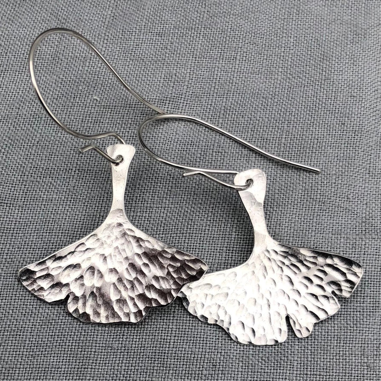 Ginkgo leaf earrings in hammered argentium sterling silver // Botanical earrings
