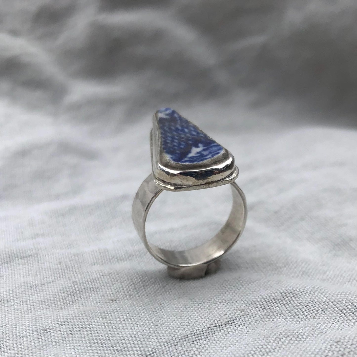 Blue and white sea pottery ring in argentium sterling silver // Wide band sea pottery ring // U.S. size 7 1/2