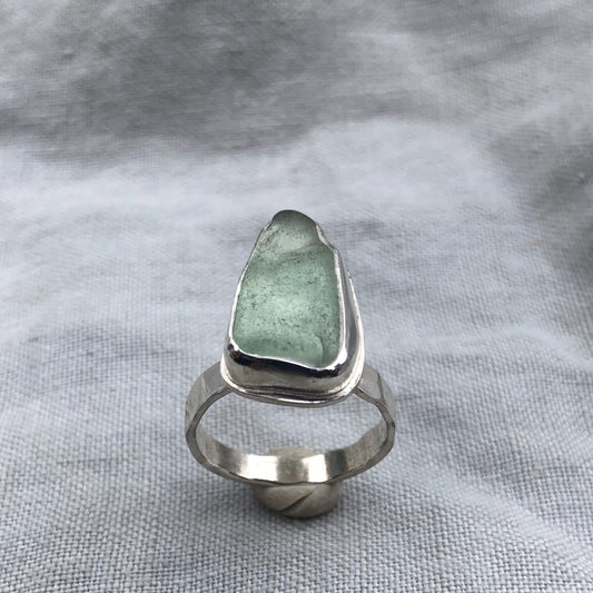 Aqua green sea glass ring in argentium sterling silver // Found beach glass ring // U.S. size 5 3/4