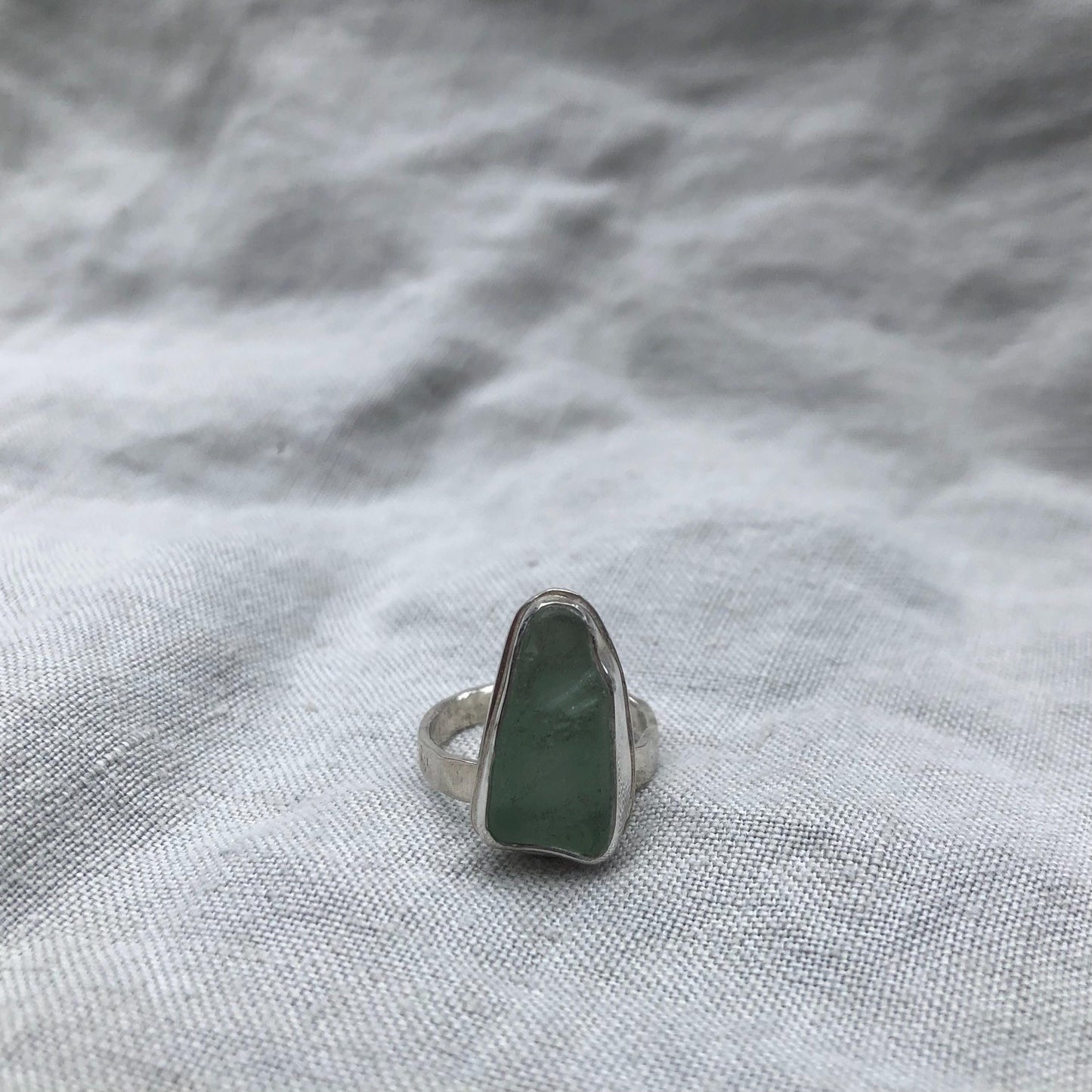 Aqua green sea glass ring in argentium sterling silver // Found beach glass ring // U.S. size 5 3/4