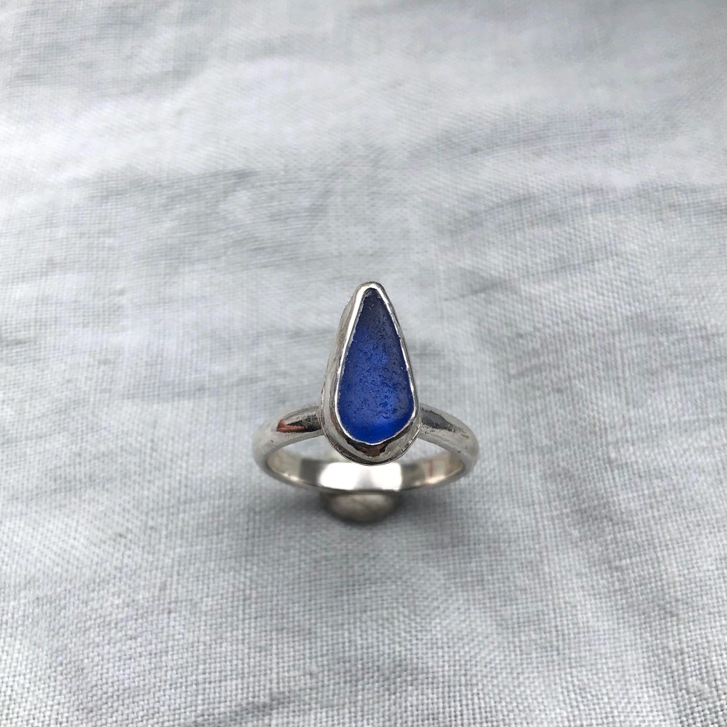 Blue sea glass ring in argentium sterling silver // Found beach glass ring // U.S. size 7