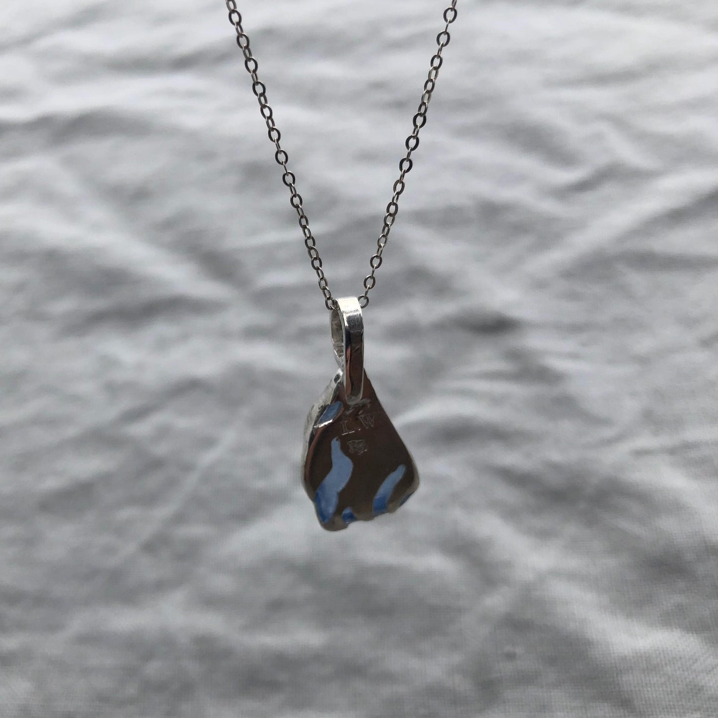 Light blue sea glass pendant in argentium sterling silver // Organic genuine beach glass necklace