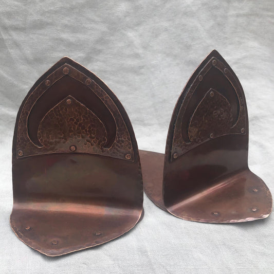 Riveted hammered copper bookends with warm copper patina
