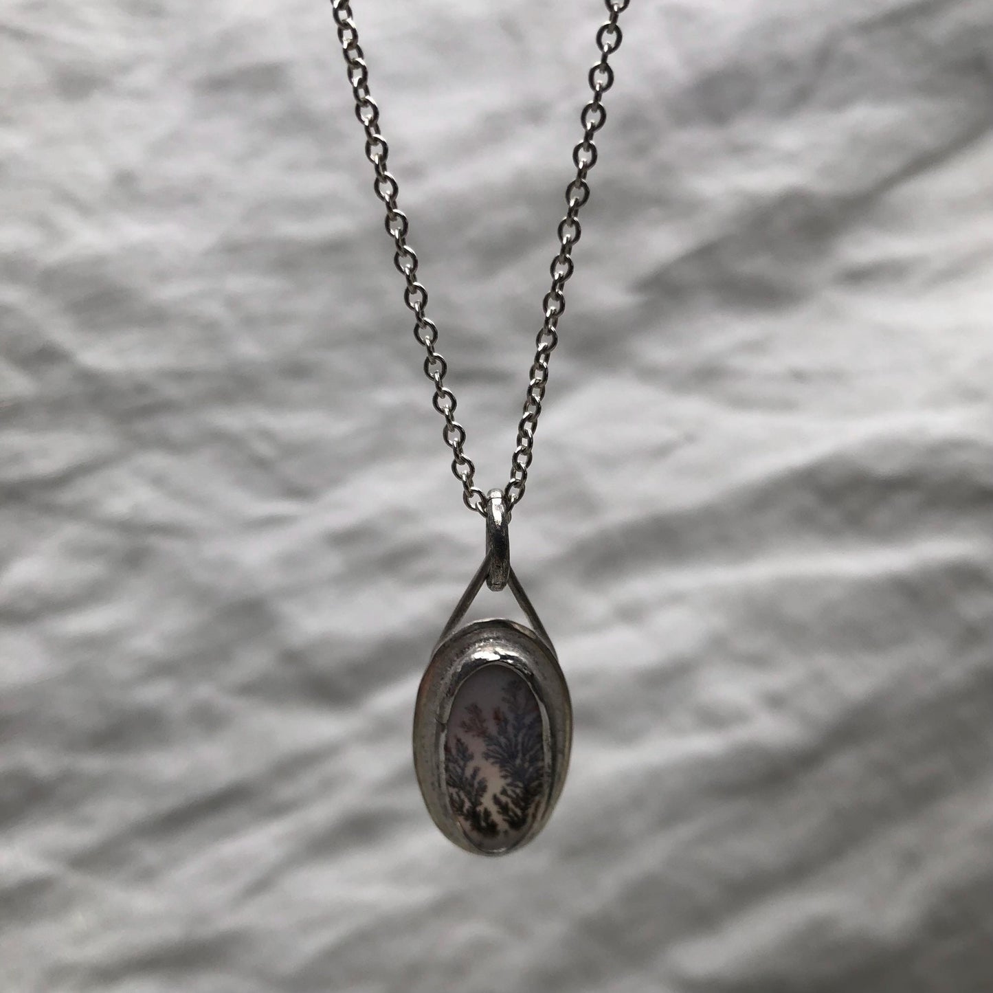 Milky dendritic agate necklace in argentium sterling silver