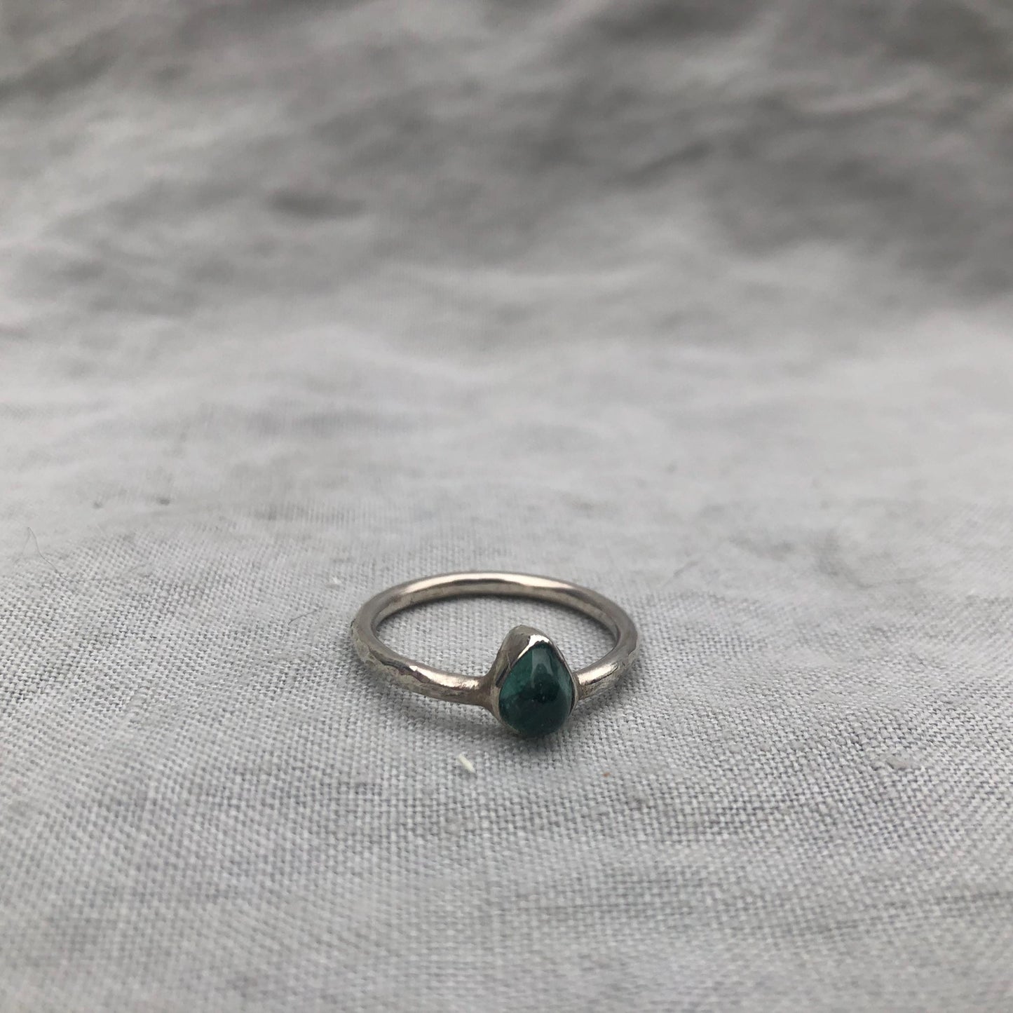 Teal teardrop tourmaline ring in argentium sterling silver, U.S. size 8 3/4