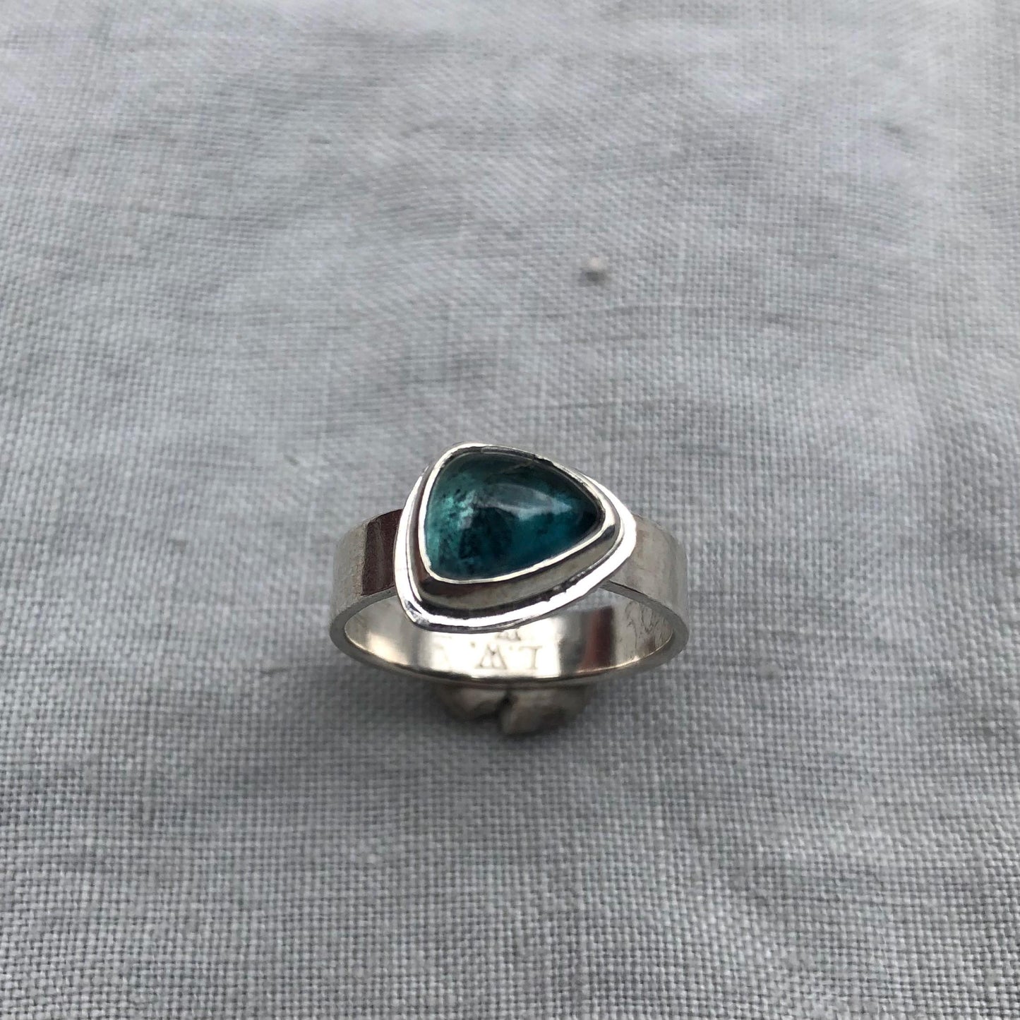 Teal blue-green tourmaline cabochon ring in argentium sterling silver // U.S. size 7