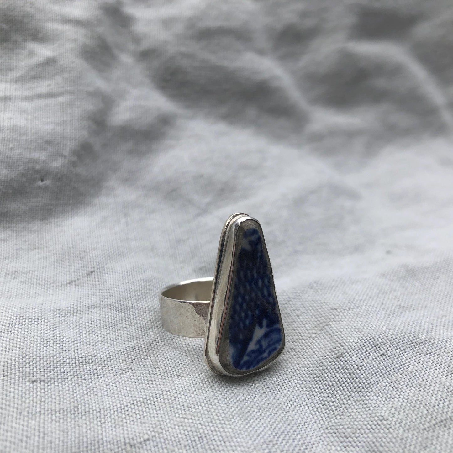 Blue and white sea pottery ring in argentium sterling silver // Wide band sea pottery ring // U.S. size 7 1/2