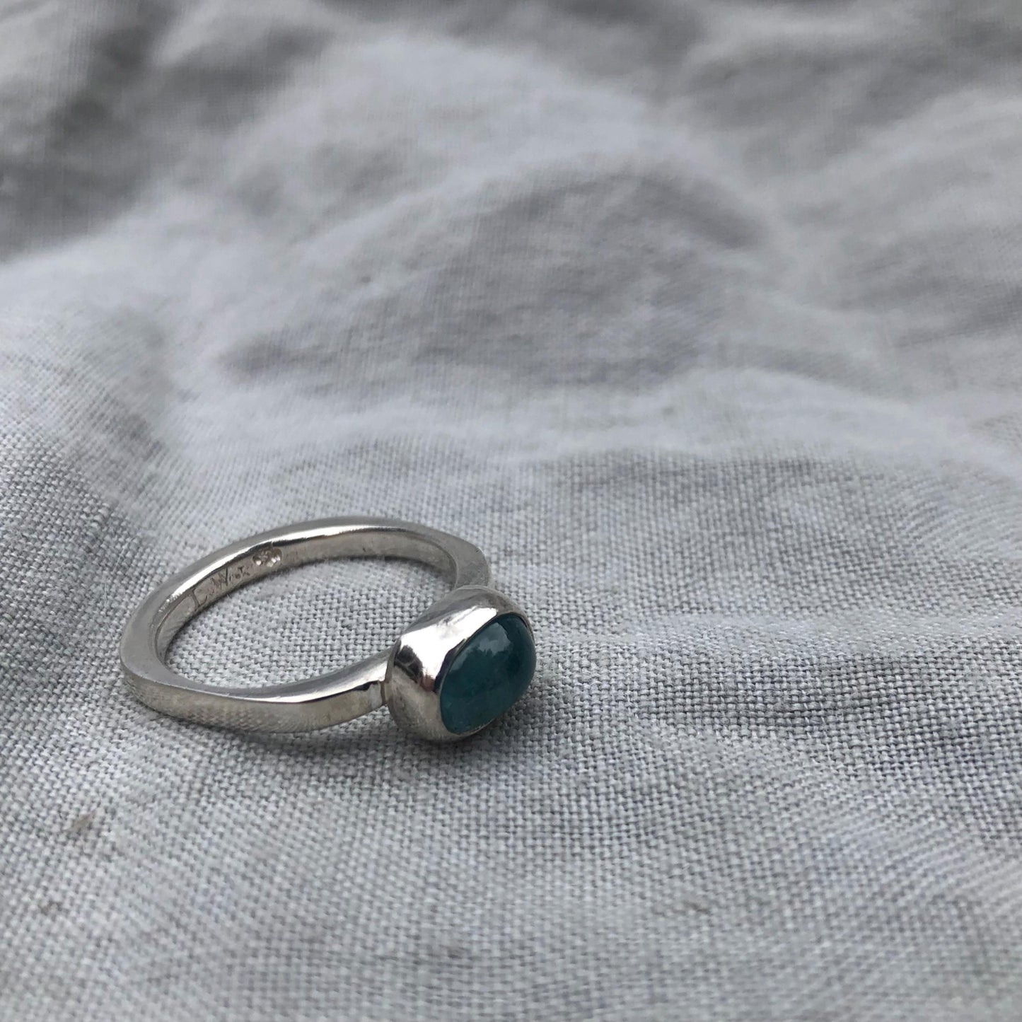 Lagoon blue tourmaline cabochon ring in argentium sterling silver // Sky blue tourmaline ring // U.S. size 8 1/2