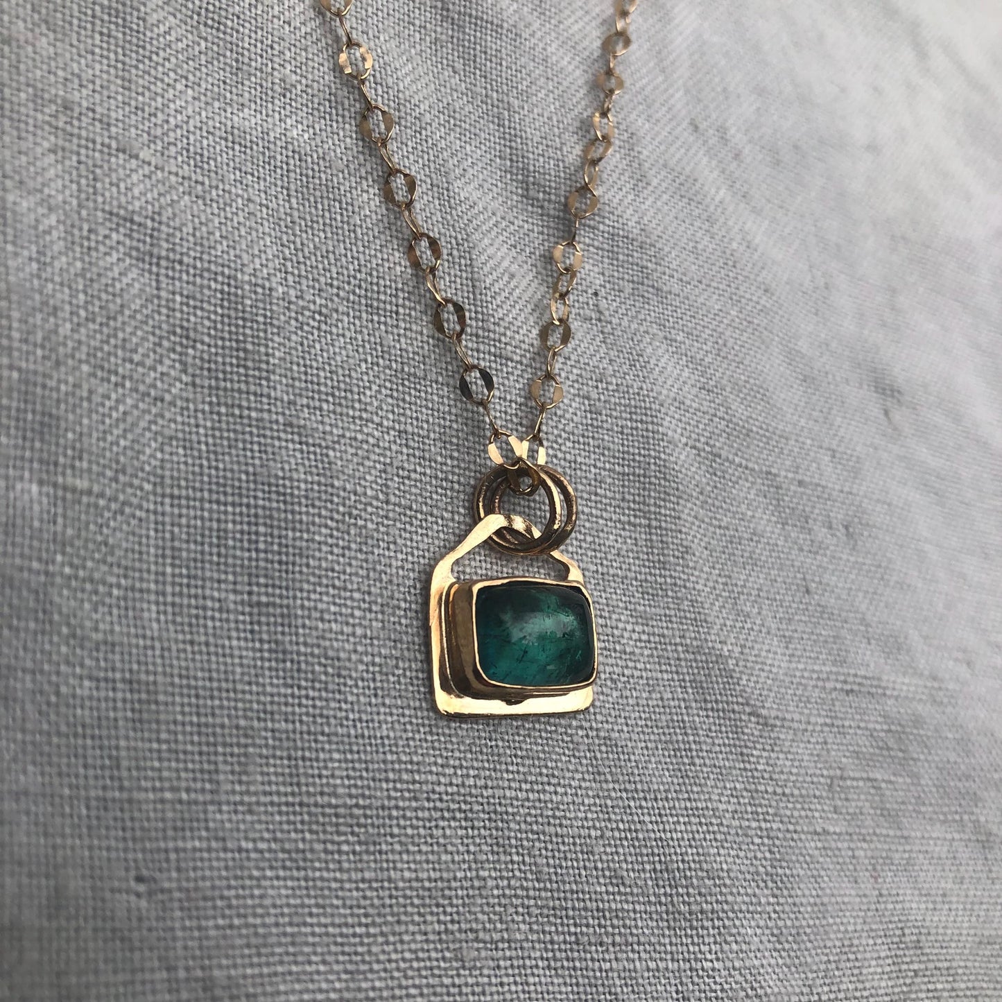 Solid gold teal green tourmaline pendant // 14k blue-green tourmaline necklace