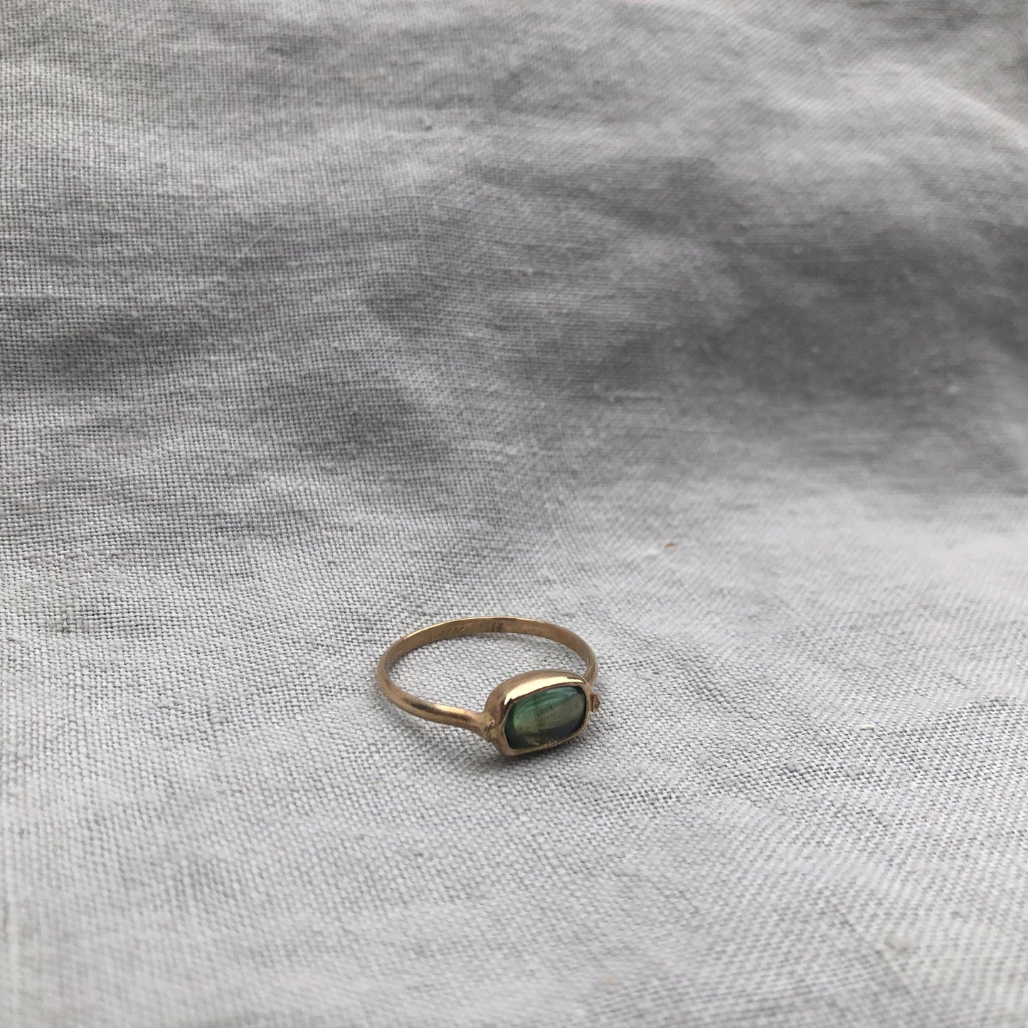 Solid gold green tourmaline ring // U.S. size 6 1/2 // October birthstone ring // Pear green tourmaline ring