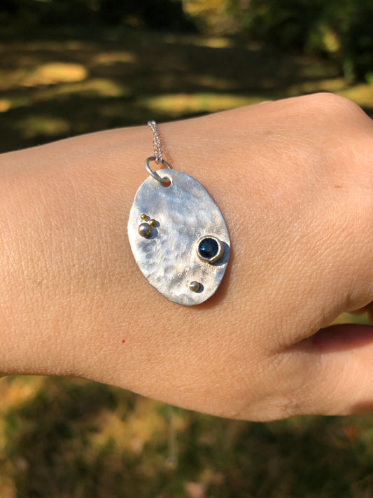 Sapphire tag pendant in argentium sterling silver and 24K gold