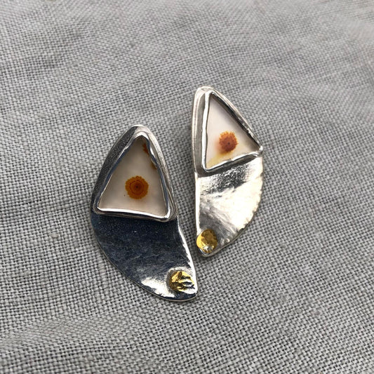 Mixed-metal dendritic agate earrings in argentium sterling silver with 24 karat gold