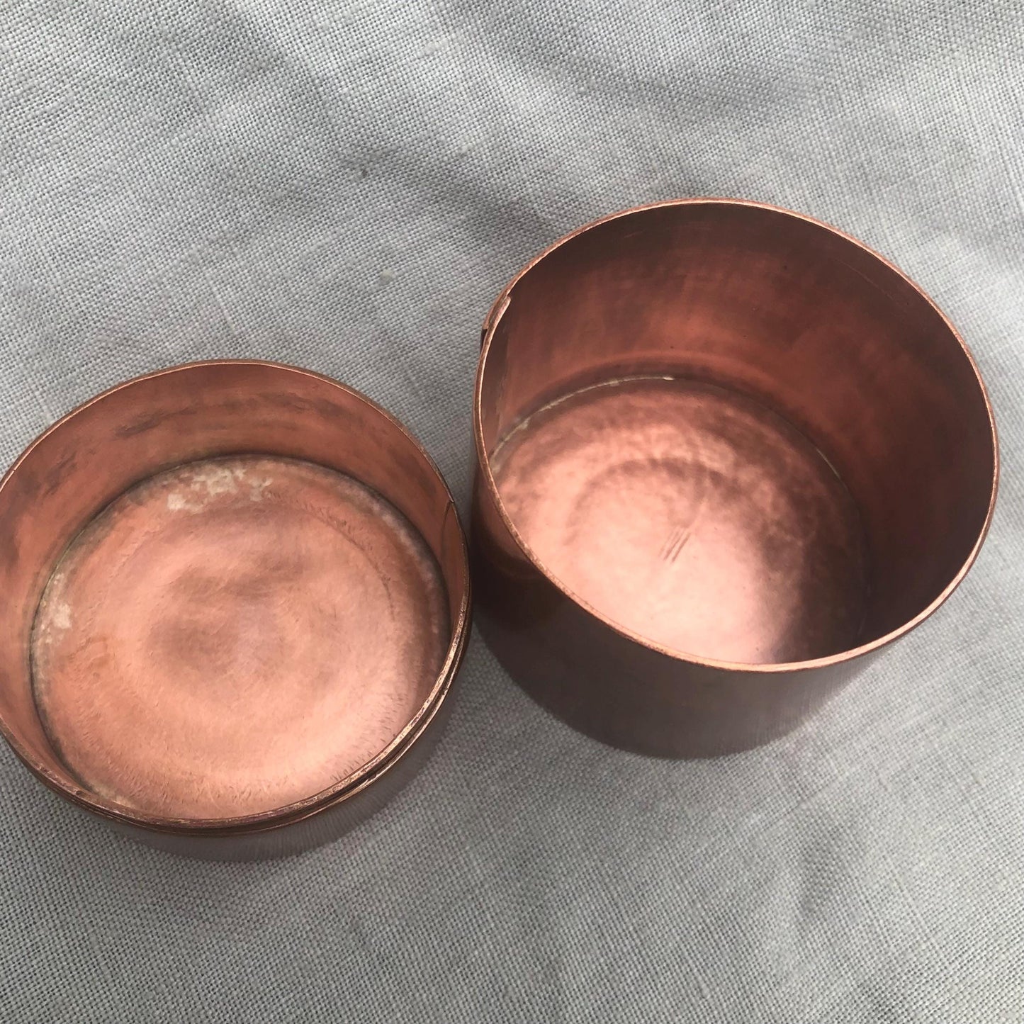 Small copper jar with natural patina // Lidded copper jar with rivets