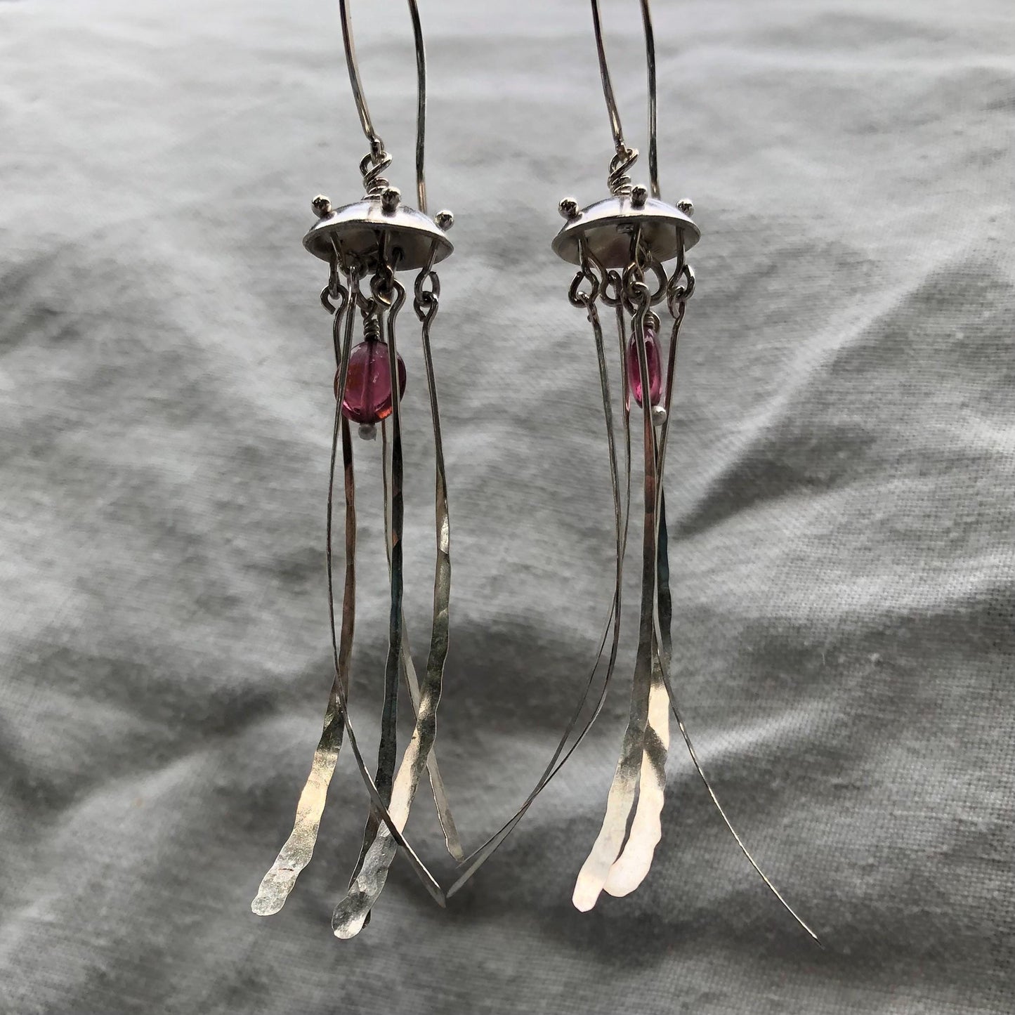 Jellyfish earrings in argentium sterling silver with pink tourmaline // Kinetic sculptural pink tourmaline earrings
