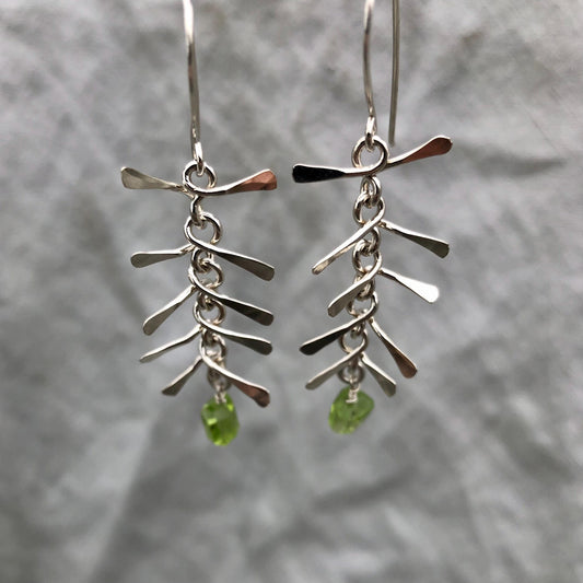 Ribcage earrings in argentium sterling silver with asymmetrical Arizona peridot // Kinetic sculptural earrings