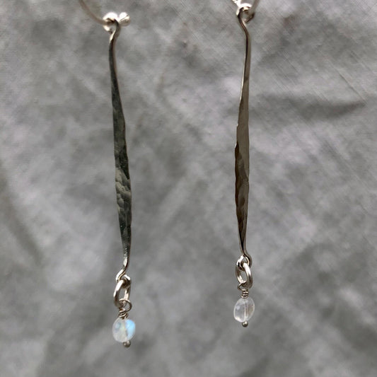 Hammered drop earrings in argentium sterling silver with moonstone // Kinetic sculptural earrings // June birthstone earrings