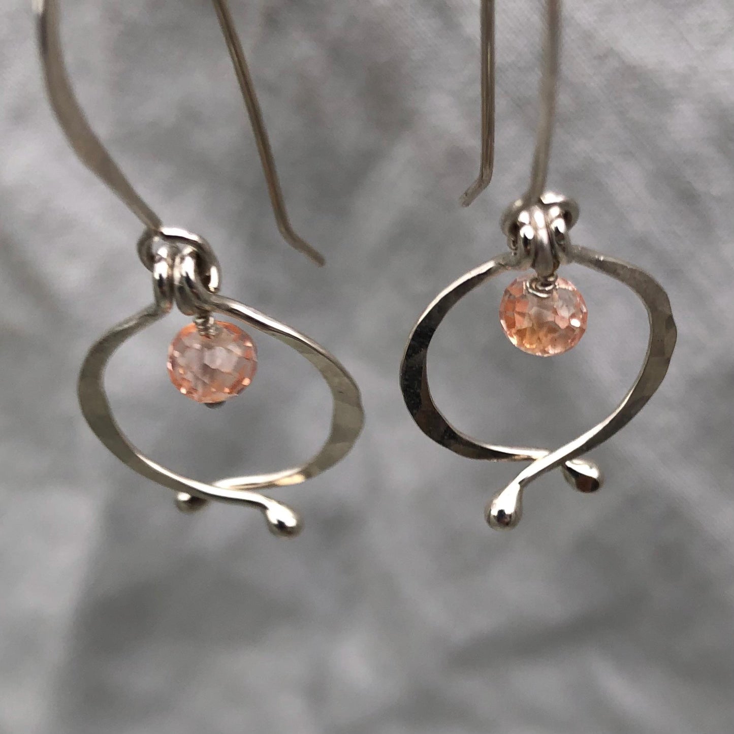 Little double scoop earrings in argentium sterling silver with pink lab sapphires // Kinetic sculptural September birthstone earrings