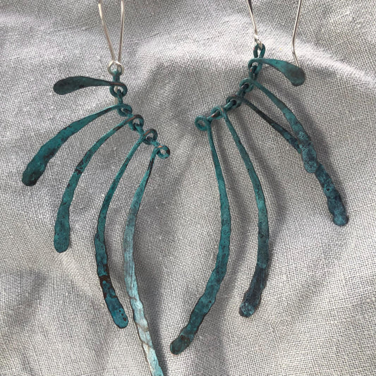 Bare bones earrings in copper with blue-green verdigris patina