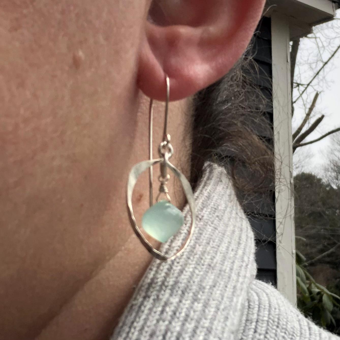 Hammered frame earrings in argentium sterling silver with aqua chalcedony