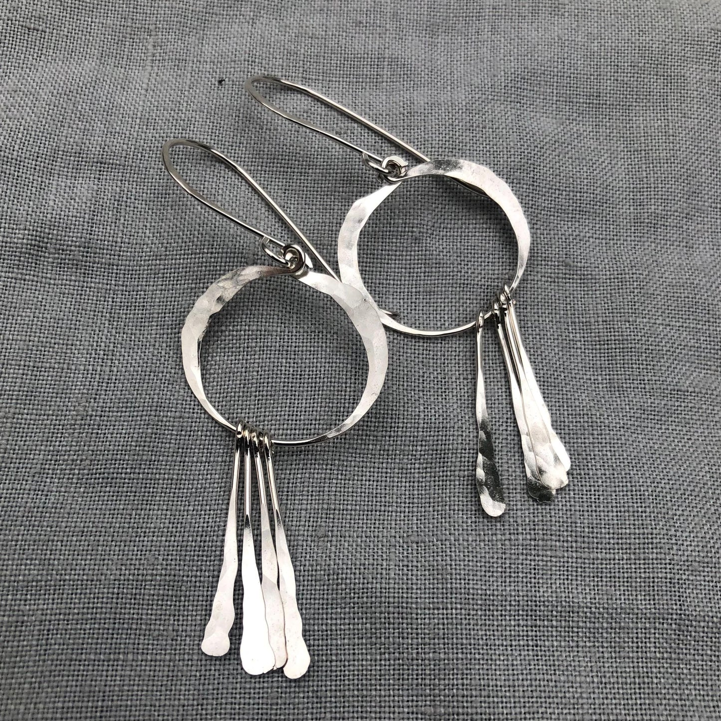Open circle statement earrings with hammered fringe in argentium sterling silver
