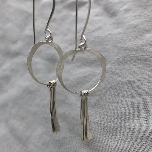Open circle statement earrings with hammered fringe in argentium sterling silver