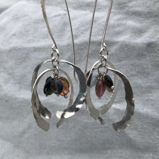 Open globe statement earrings in argentium sterling silver with multicolored tourmaline