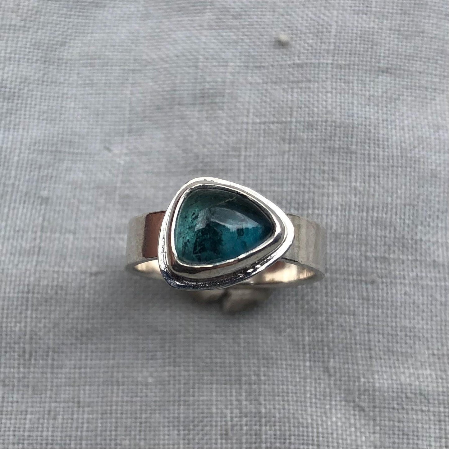 Teal blue-green tourmaline cabochon ring in argentium sterling silver // U.S. size 7