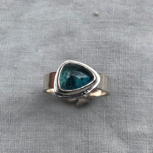 Teal blue-green tourmaline cabochon ring in argentium sterling silver // U.S. size 7