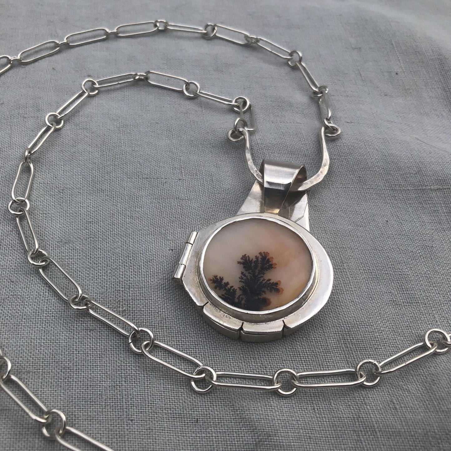 Fiber Artist Locket in argentium sterling silver with dendritic agate