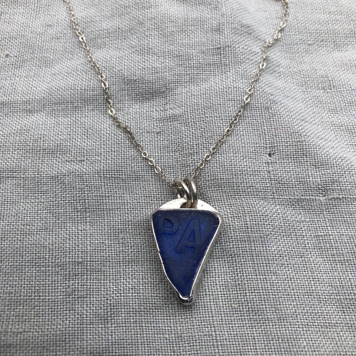 Blue sea glass pendant in argentium sterling silver // Found beach glass necklace // Patent medicine bottle sea glass necklace