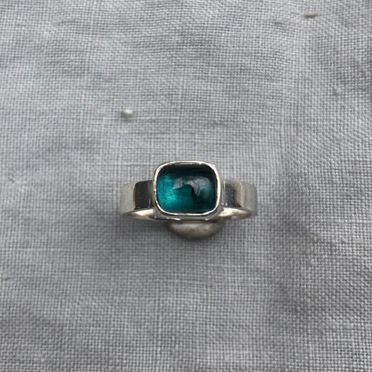 Teal green tourmaline cabochon ring in argentium sterling silver // U.S. size 6