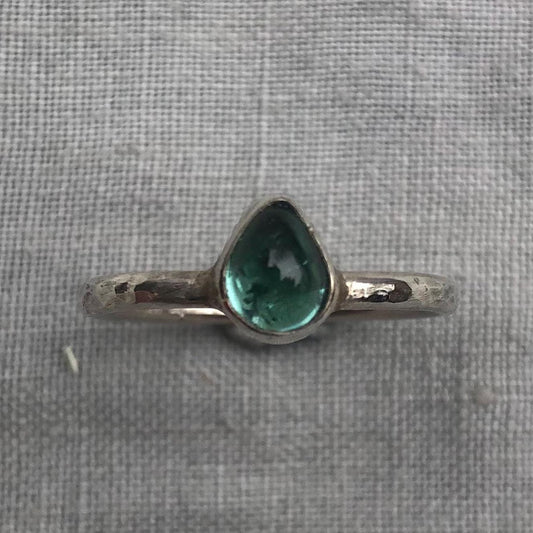 Teal teardrop tourmaline ring in argentium sterling silver, U.S. size 8 3/4