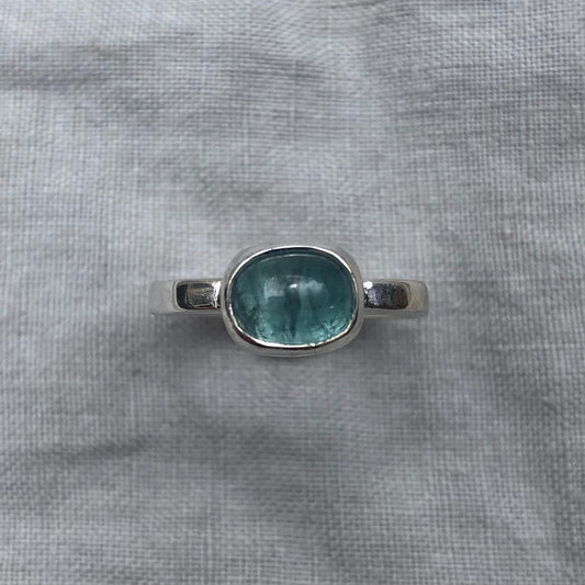 Lagoon blue tourmaline cabochon ring in argentium sterling silver // Sky blue tourmaline ring // U.S. size 8 1/2
