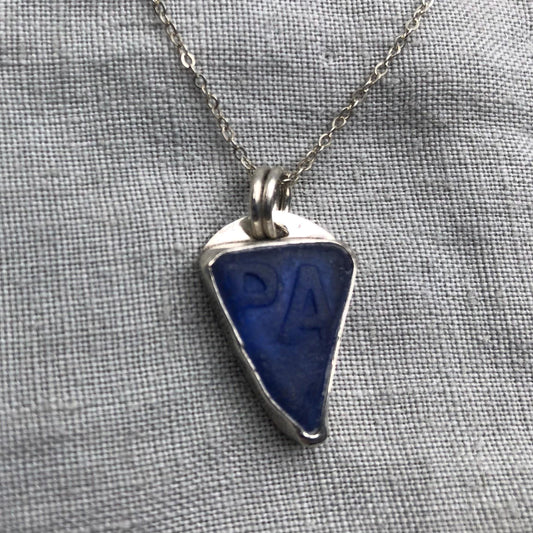 Blue sea glass pendant in argentium sterling silver // Found beach glass necklace // Patent medicine bottle sea glass necklace