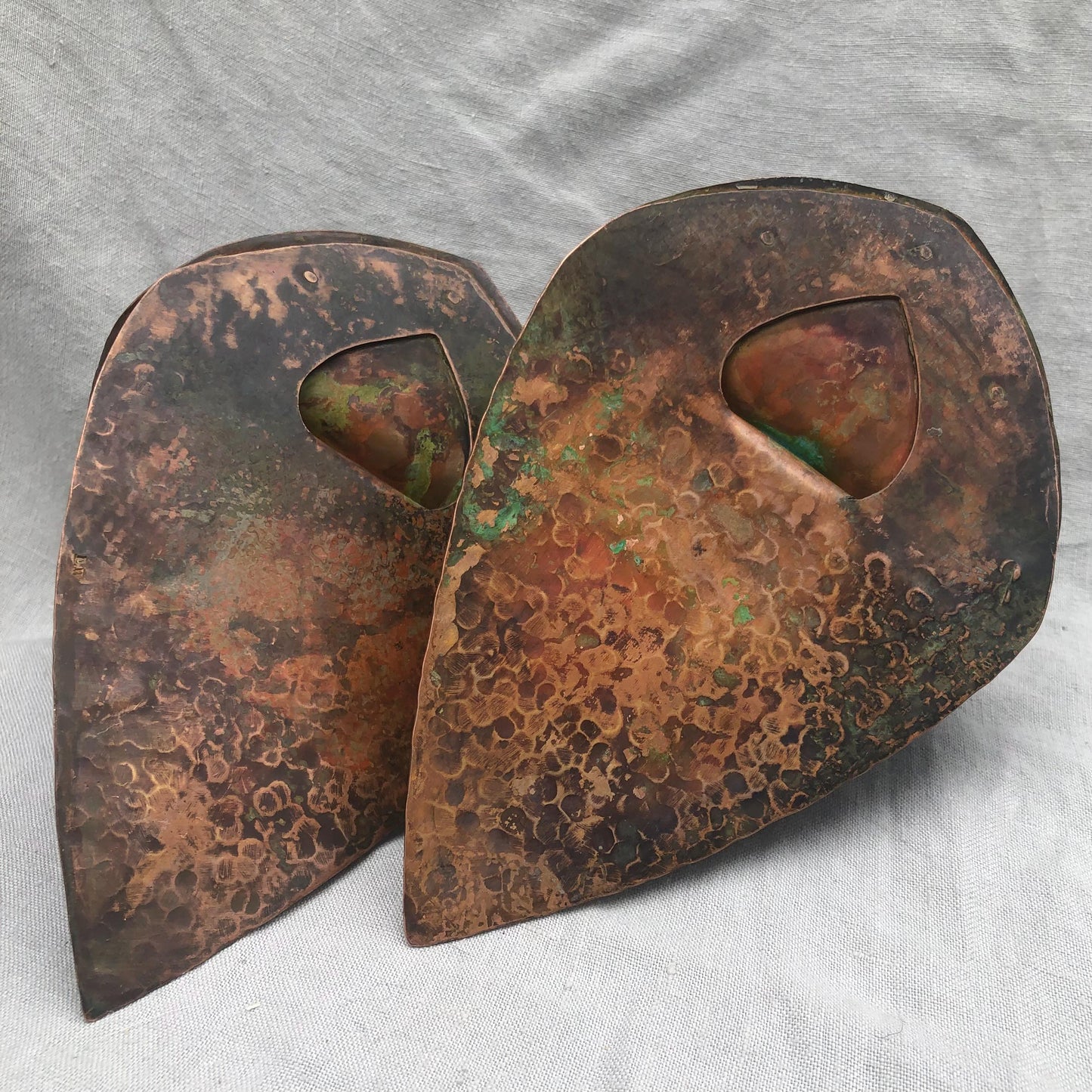 Riveted copper bookends with verdigris patina