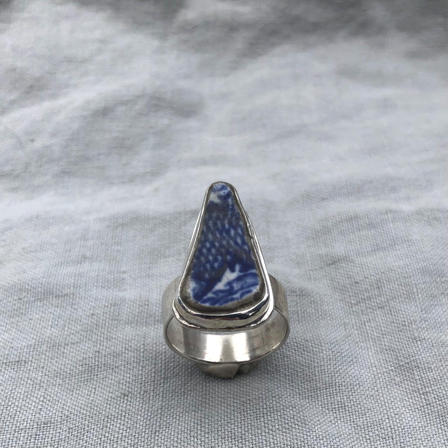 Blue and white sea pottery ring in argentium sterling silver // Wide band sea pottery ring // U.S. size 7 1/2