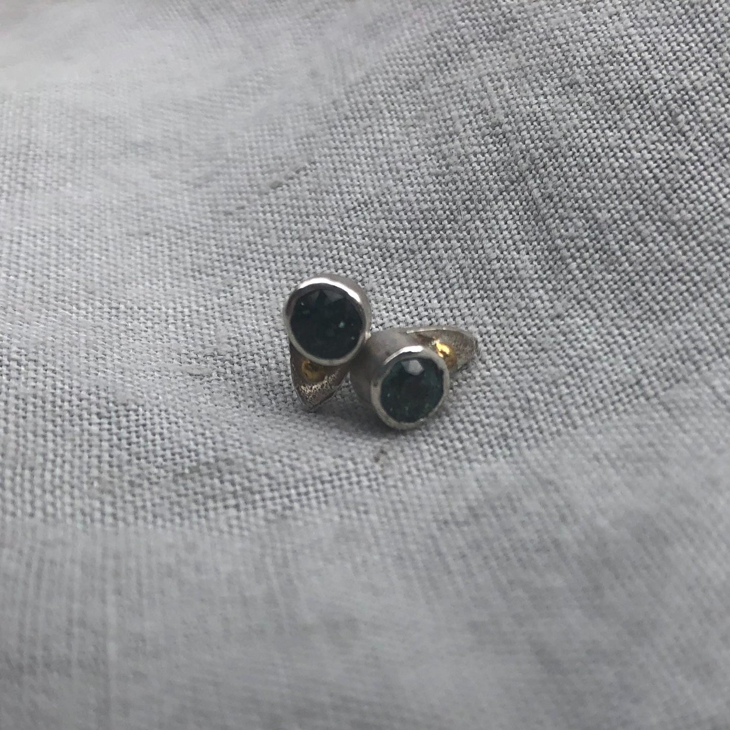 Natural earth-mined sapphire stud earrings in argentium sterling silver and 24 karat gold
