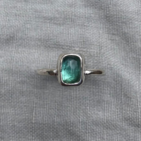Paraiba color tourmaline cabochon ring in argentium sterling silver // Blue green tourmaline ring // U.S. size 4 1/2