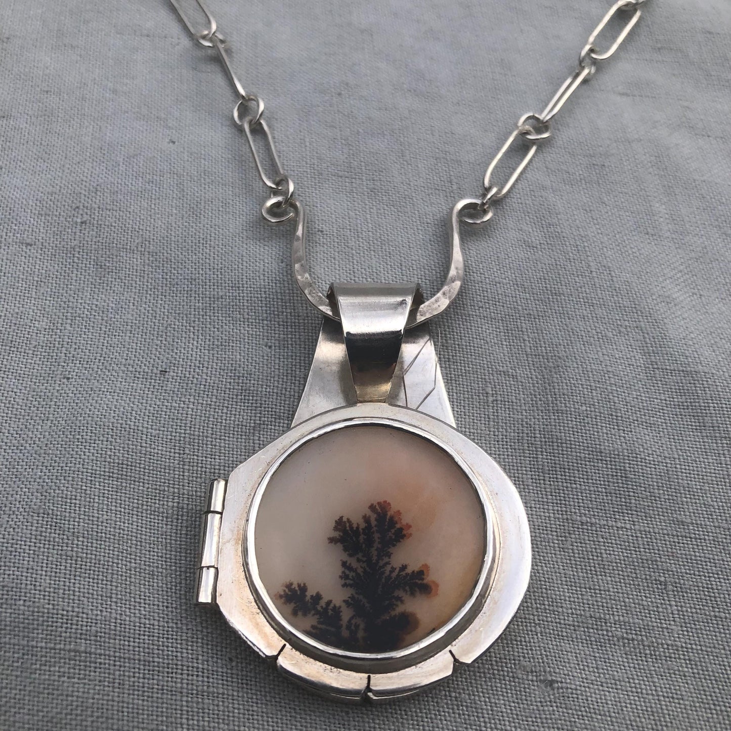 Fiber Artist Locket in argentium sterling silver with dendritic agate