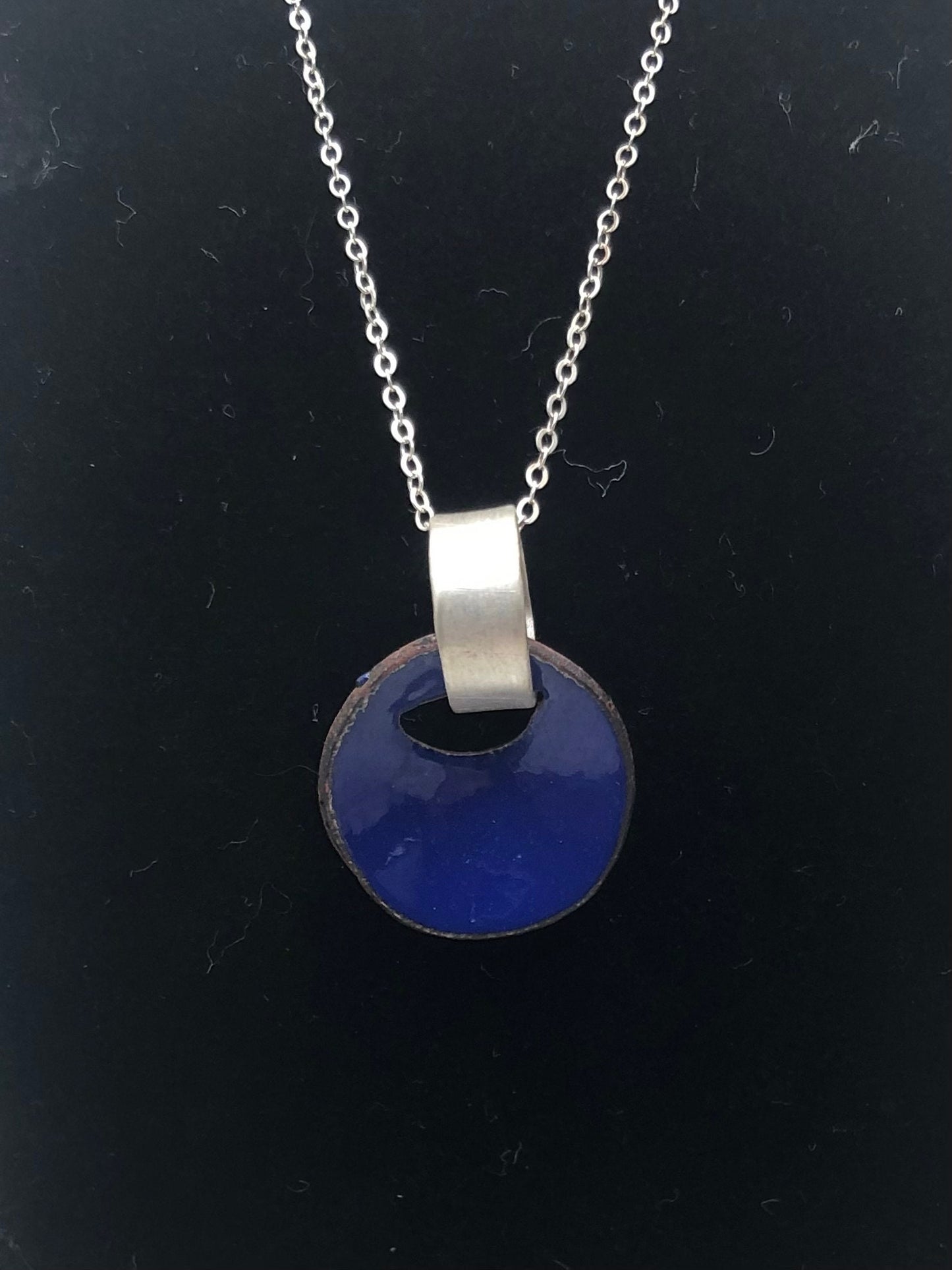 Cobalt blue enamel circle pendant in vitreous enamel, copper, and argentium sterling silver