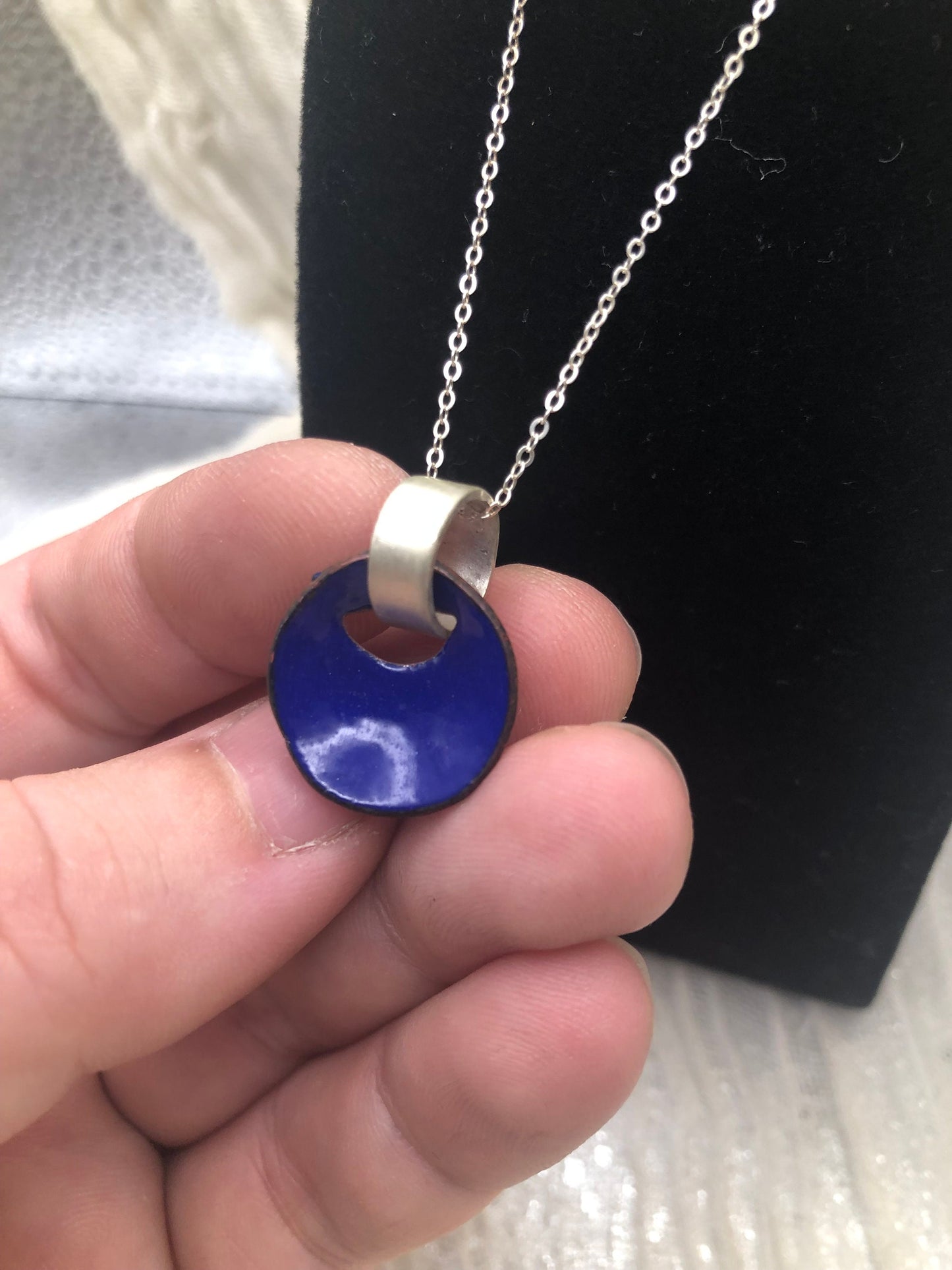 Cobalt blue enamel circle pendant in vitreous enamel, copper, and argentium sterling silver