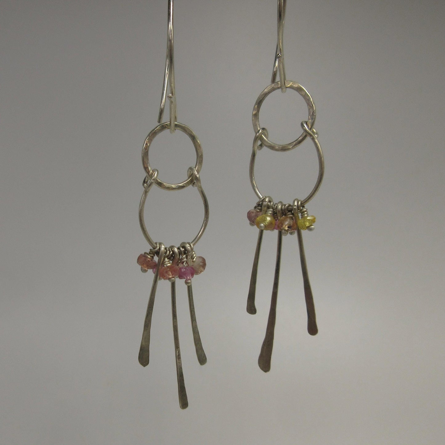 Multi sapphire dangle earrings with hammered fringe in argentium sterling silver