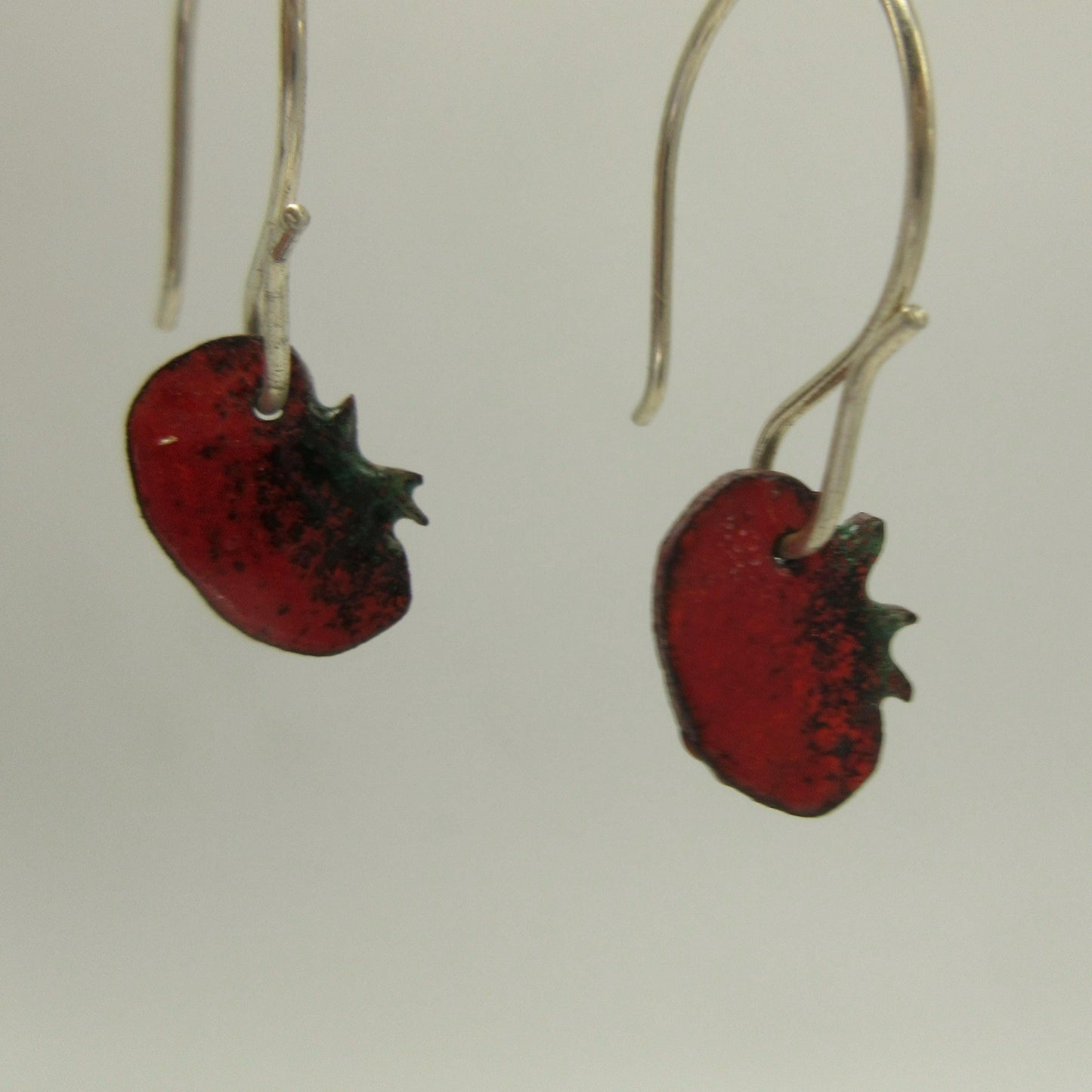 Small tomato earrings in vitreous enamel with argentium sterling silver ear wires