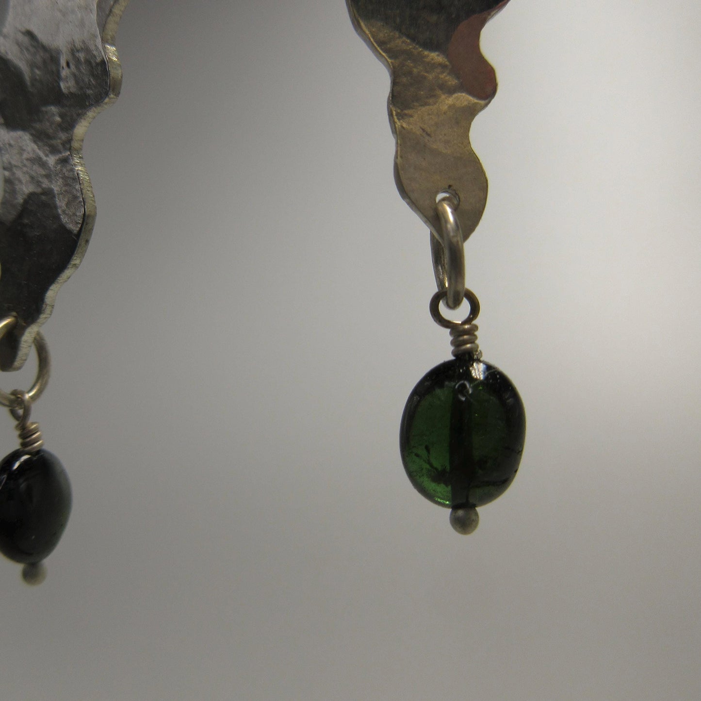 Dark green tourmaline wavy earrings in argentium sterling silver