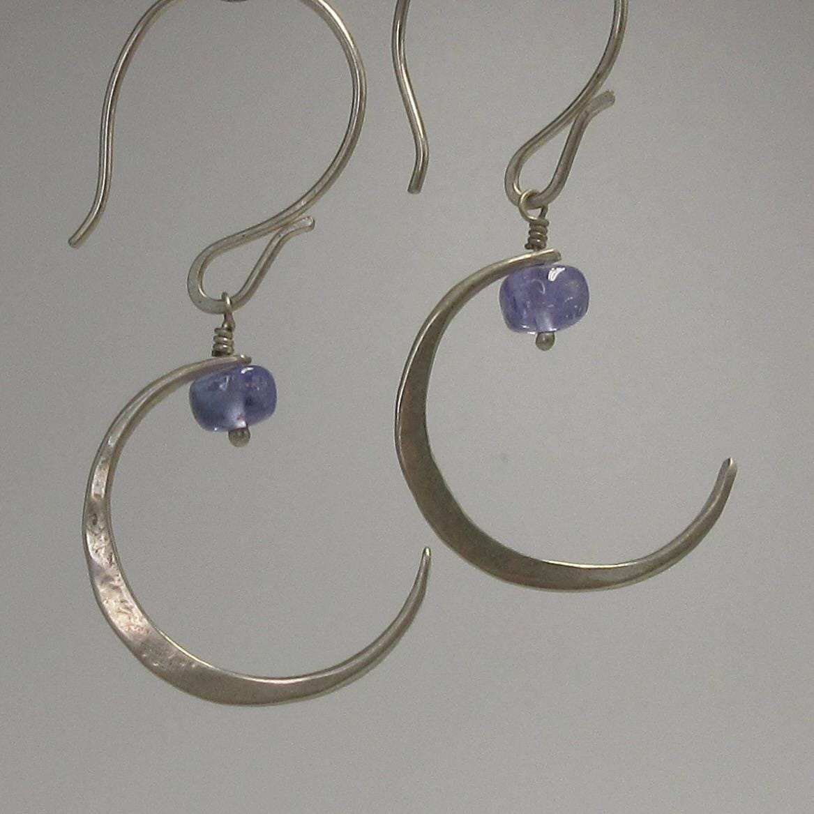 Tanzanite new moon earrings in argentium sterling silver