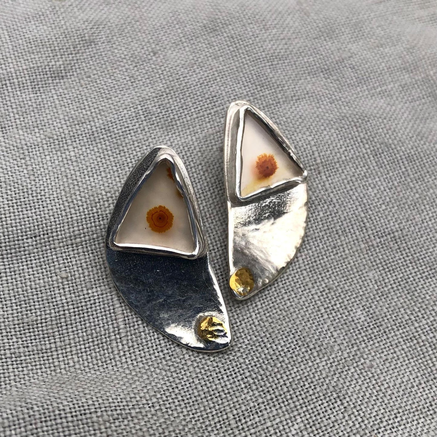 Mixed-metal dendritic agate earrings in argentium sterling silver with 24 karat gold