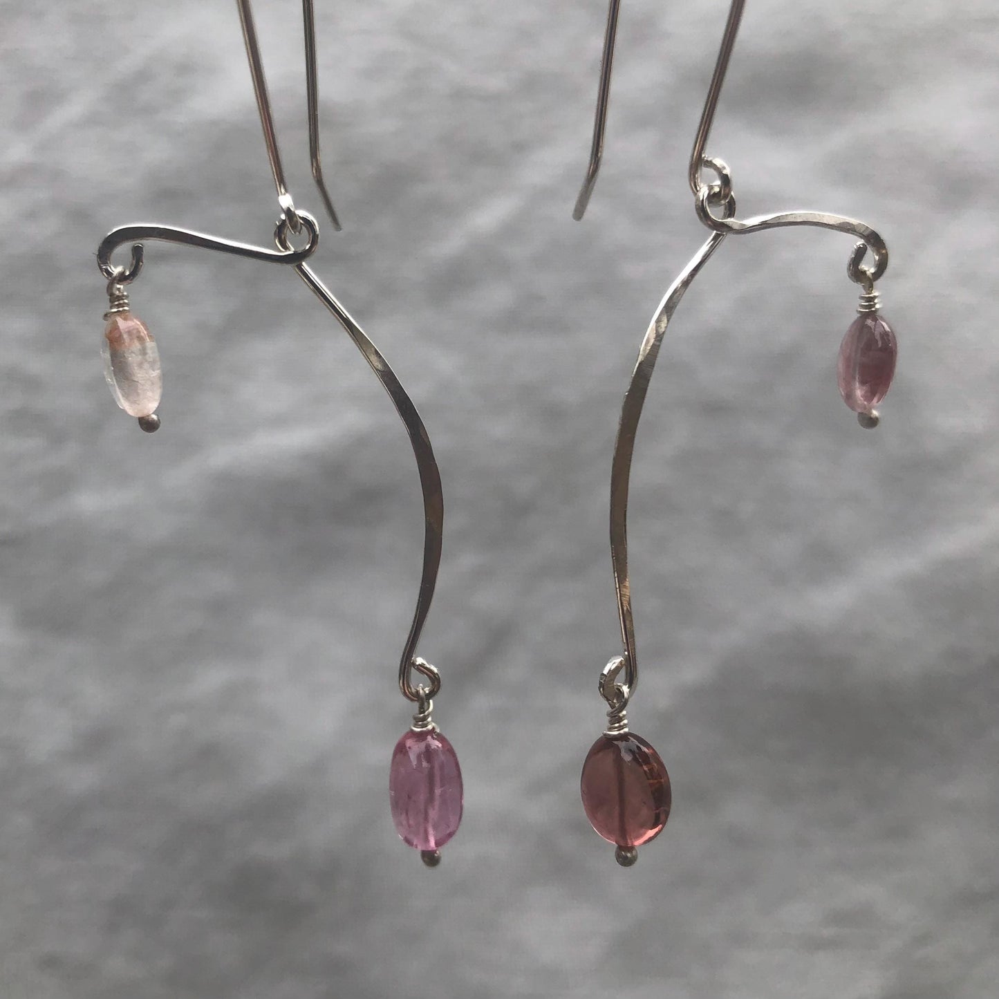 Kinetic sculptural pink tourmaline earrings in argentium sterling silver // Pink tourmaline Calder earrings