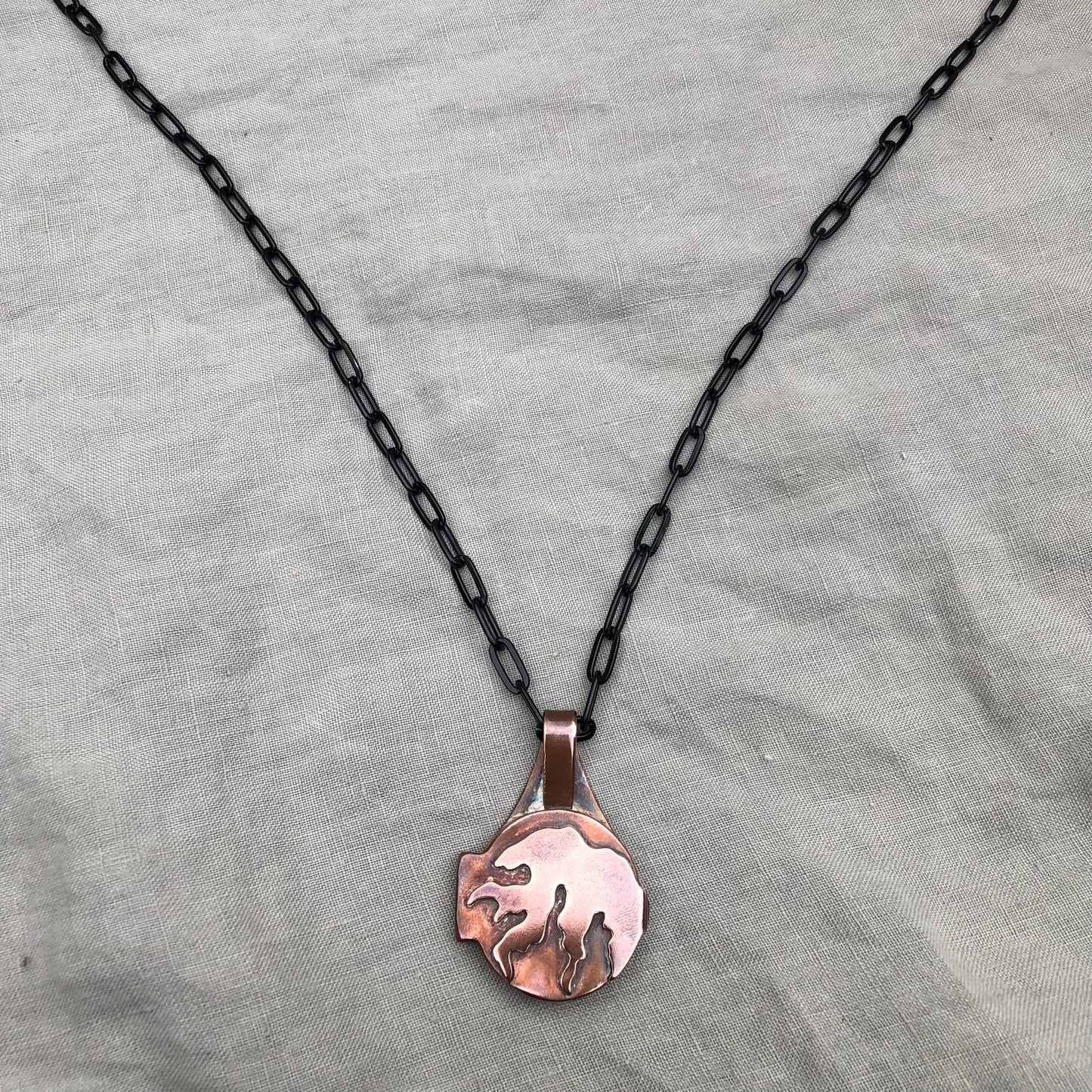 Fiber Artist's Locket in copper with an anodized aluminum chain