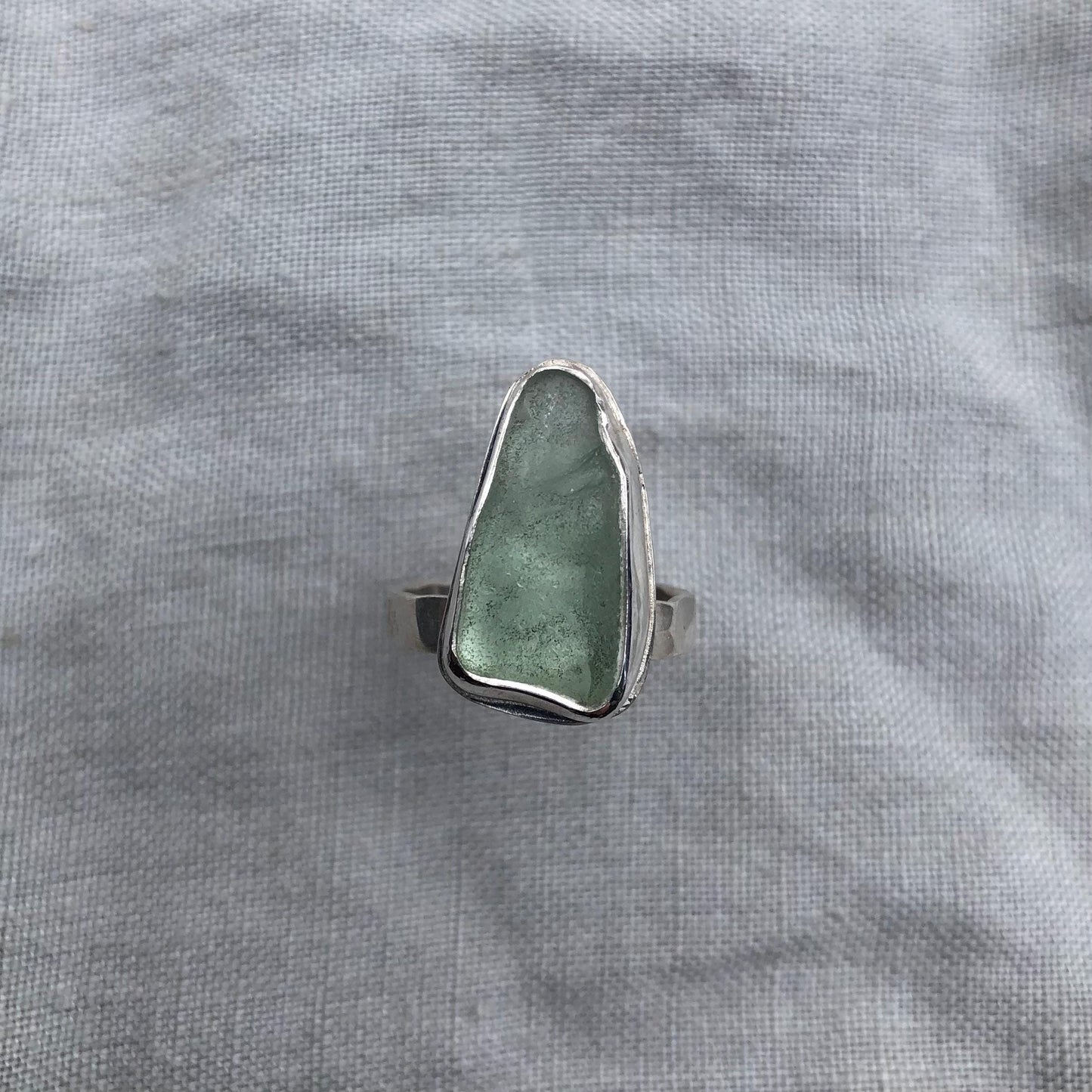 Aqua green sea glass ring in argentium sterling silver // Found beach glass ring // U.S. size 5 3/4